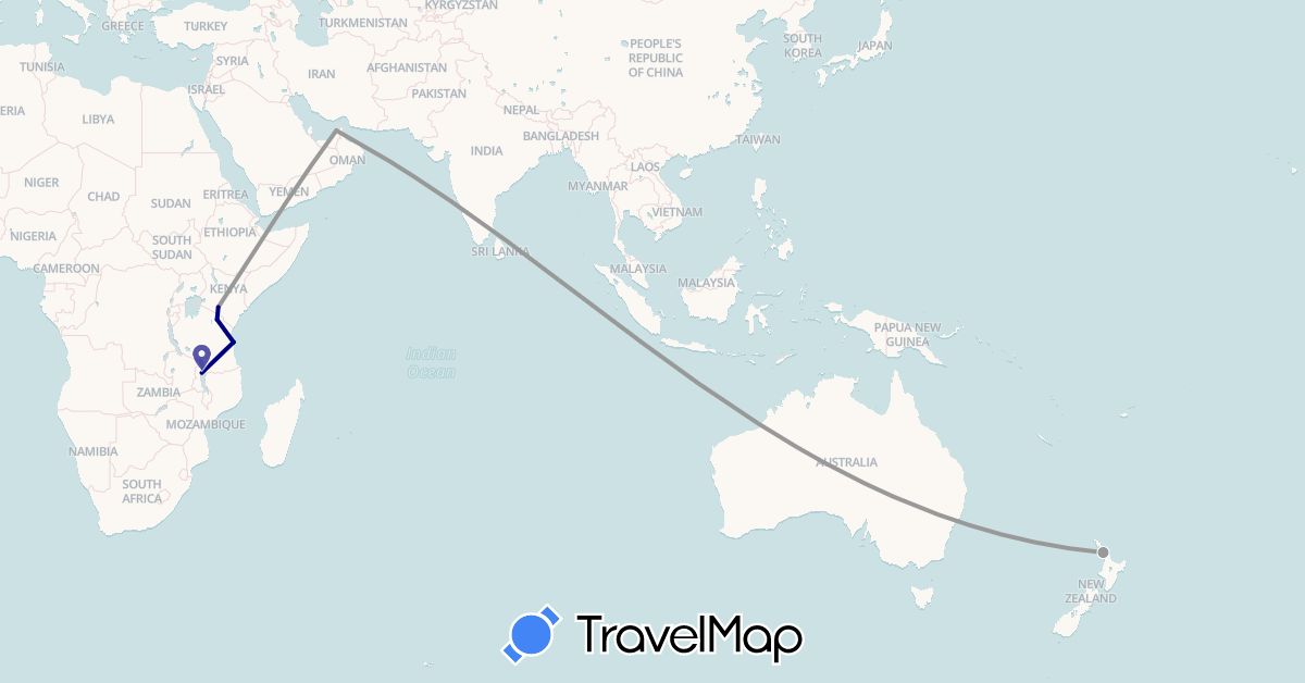 TravelMap itinerary: driving, plane in United Arab Emirates, Kenya, Malawi, New Zealand, Tanzania (Africa, Asia, Oceania)